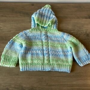 Handmade blue and sea green hooded zipper sweater, infants approx 6 months